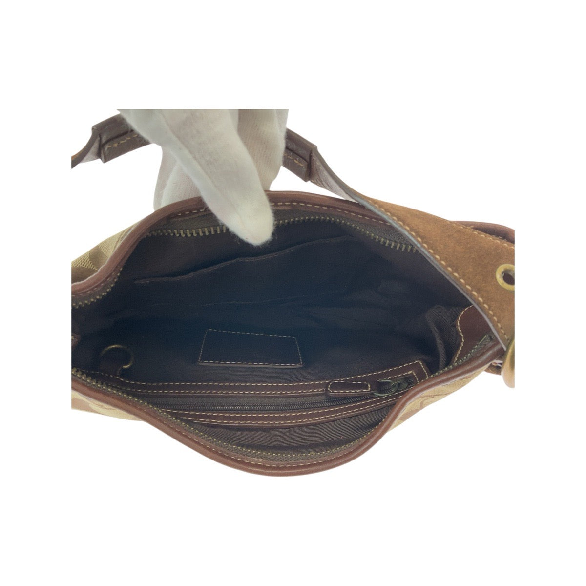 COACH コーチ シグネチャー ベージュ ブラウン ゴールド金具 キャンバス / スウェード ホーボー ショルダーバッグ ハンドバッグ  レディース