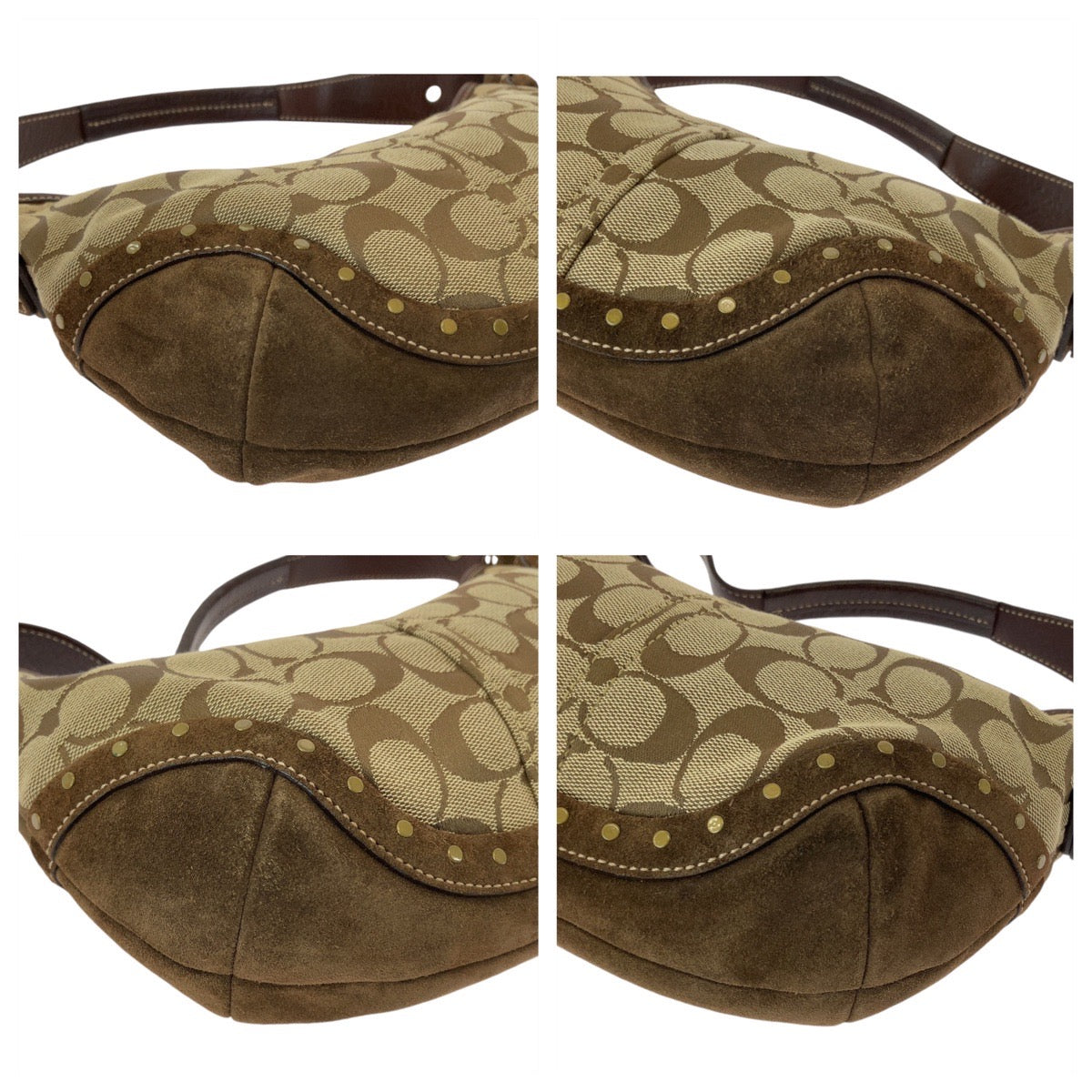 COACH コーチ シグネチャー ベージュ ブラウン ゴールド金具 キャンバス / スウェード ホーボー ショルダーバッグ ハンドバッグ  レディース