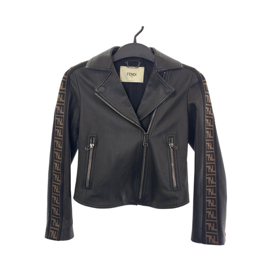 11843
 FENDI Zucca pattern size 36 black brown silver hardware lambskin rider jacket for women