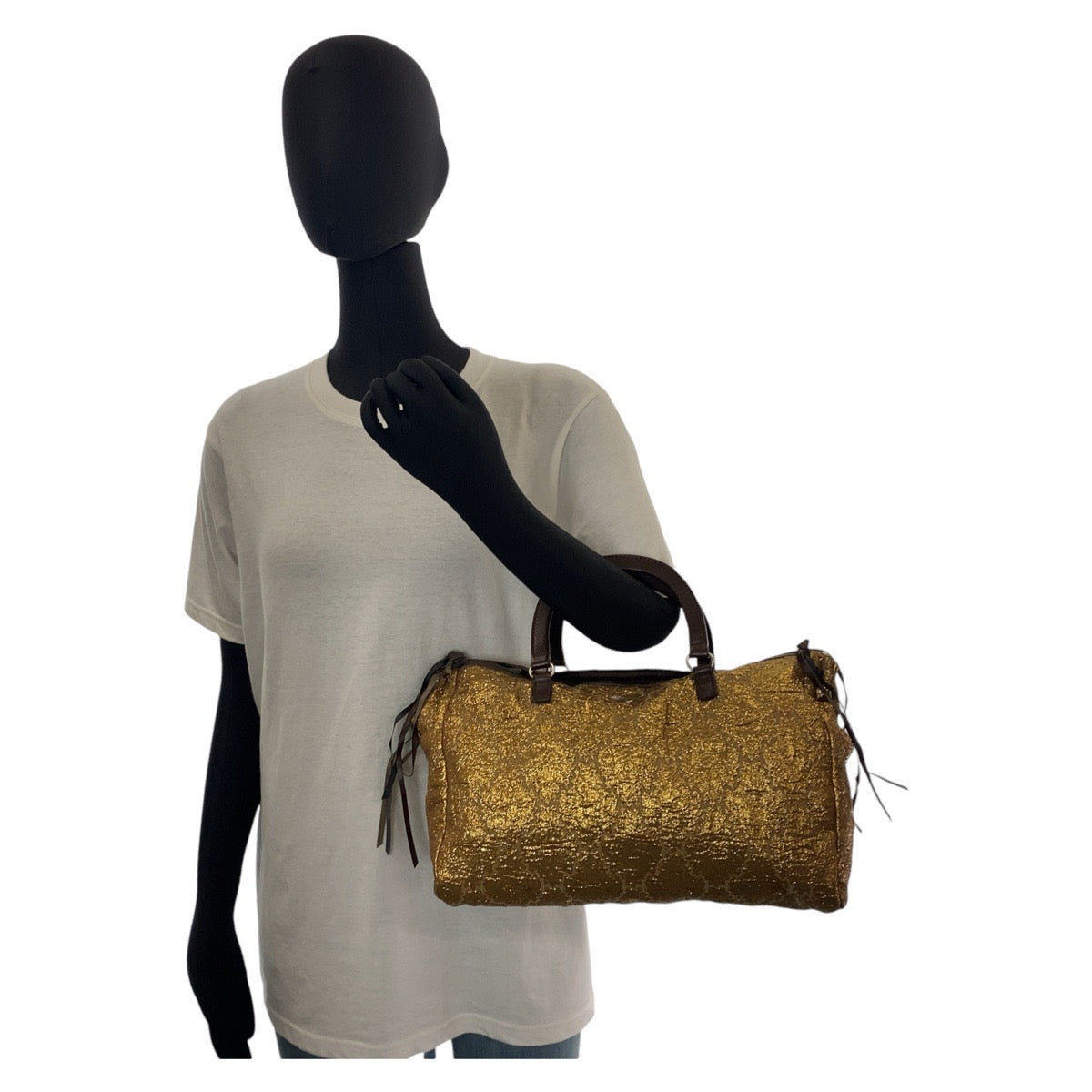 12809
PRADA プラダ 三角ロゴプレート ゴールド ブラウン シルバー金具 キャンバス / レザー ハンドバッグ  レディース
