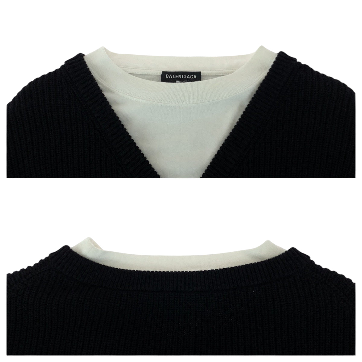 13198
BALENCIAGA バレンシアガ ロゴ サイズL ブラック 黒 ホワイト コットン 678555 T3218 レイヤードニット セーター ドッキングデザイン  メンズ