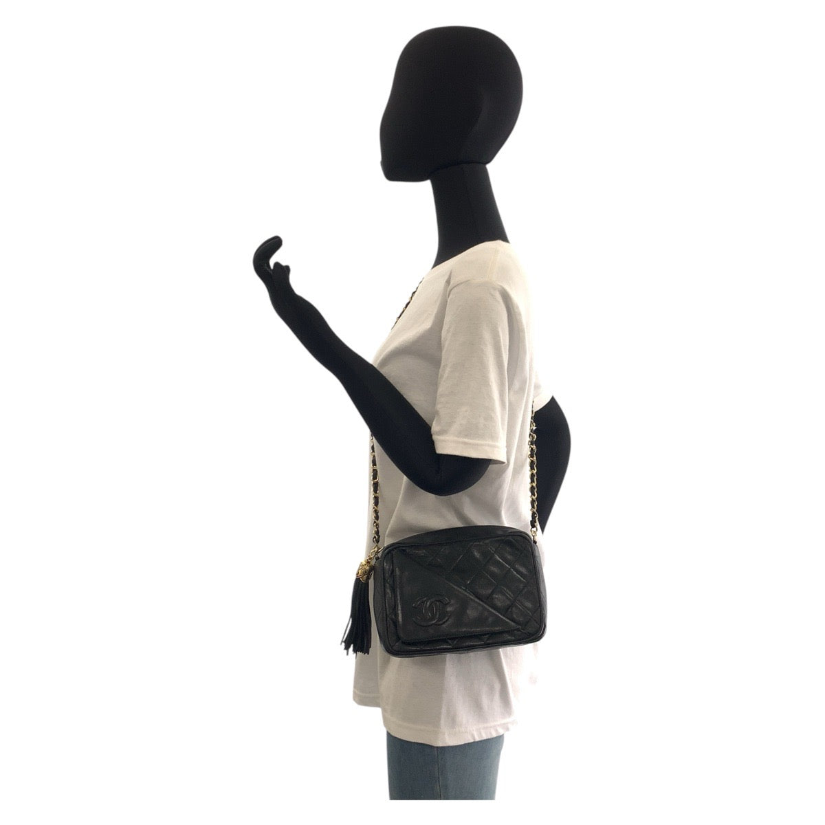 14057
CHANEL シャネル ヴィンテージ マトラッセ ココマーク フリンジ ブラック 黒 ゴールド金具 ラムスキン チェーンショルダーバッグ カメラバッグ  レディース AB140