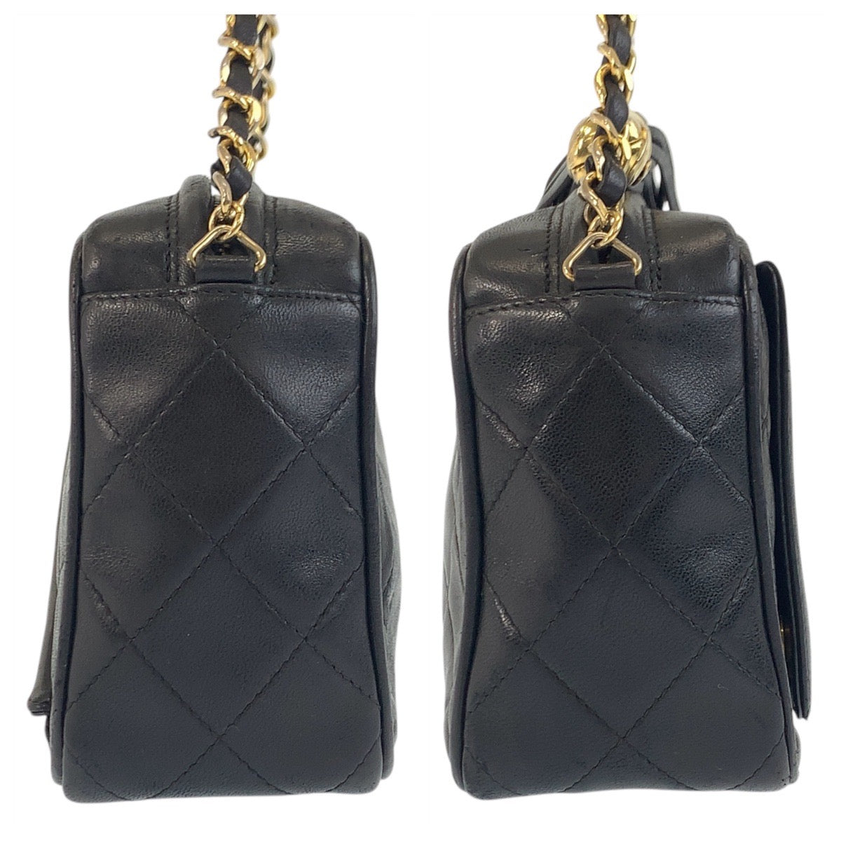 14057
CHANEL シャネル ヴィンテージ マトラッセ ココマーク フリンジ ブラック 黒 ゴールド金具 ラムスキン チェーンショルダーバッグ カメラバッグ  レディース AB140