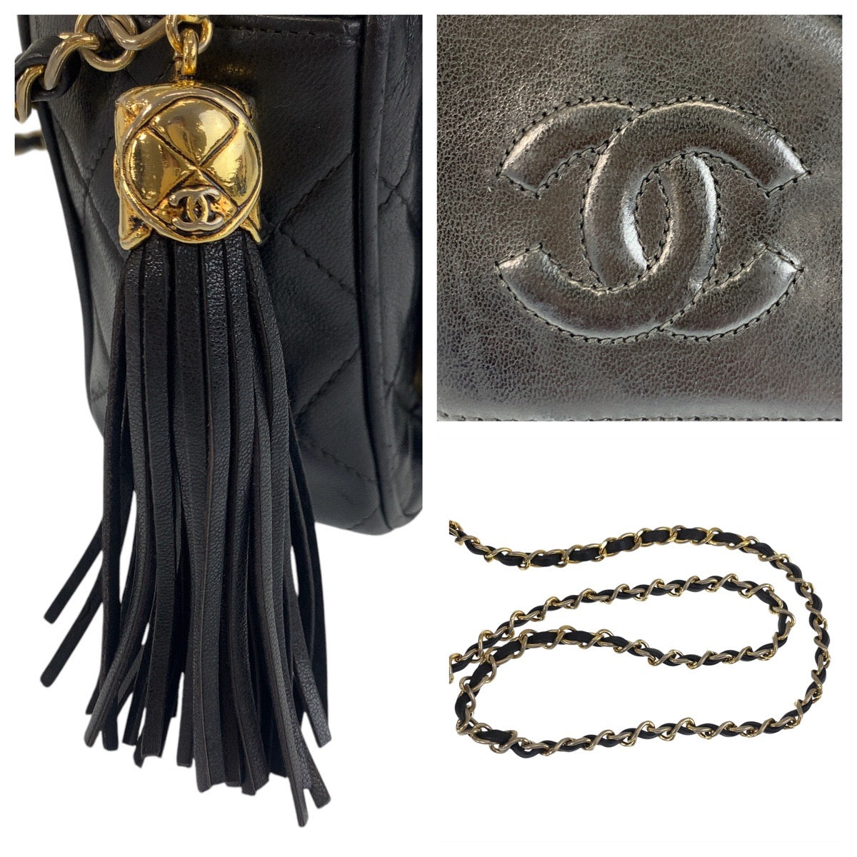 14057
CHANEL シャネル ヴィンテージ マトラッセ ココマーク フリンジ ブラック 黒 ゴールド金具 ラムスキン チェーンショルダーバッグ カメラバッグ  レディース AB140