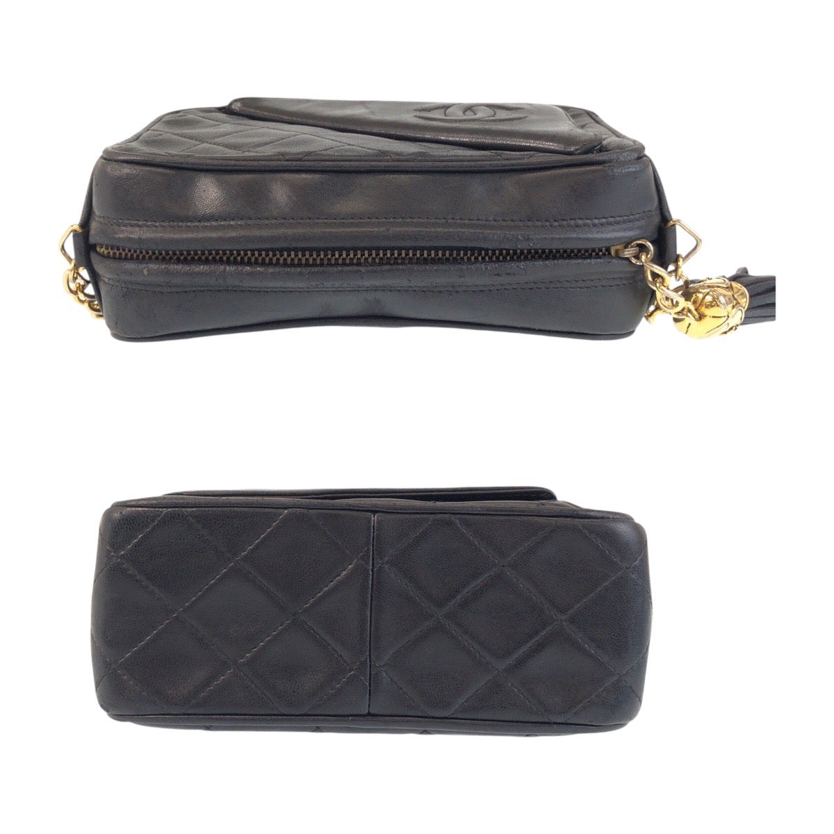 14057
CHANEL シャネル ヴィンテージ マトラッセ ココマーク フリンジ ブラック 黒 ゴールド金具 ラムスキン チェーンショルダーバッグ カメラバッグ  レディース AB140