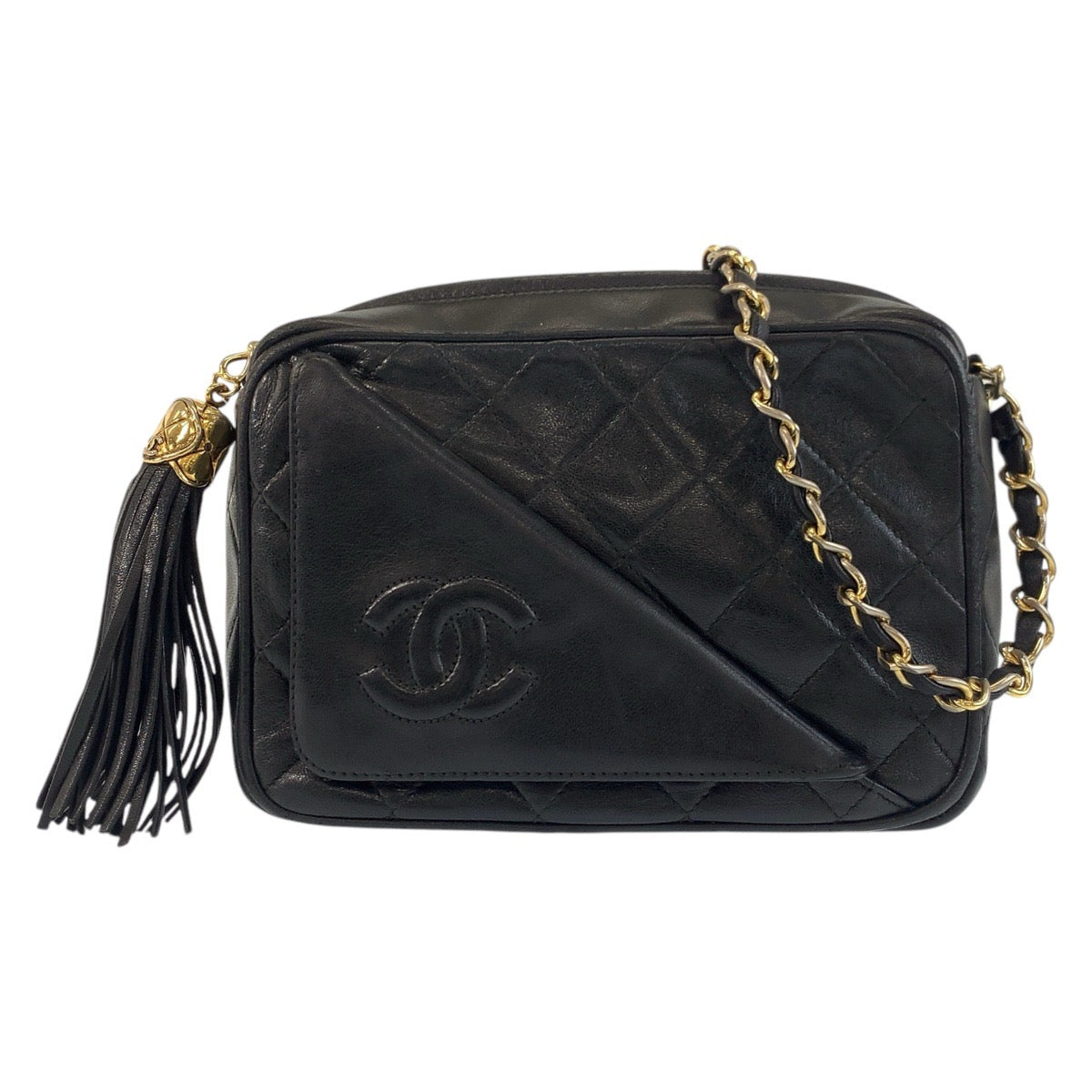 14057
CHANEL シャネル ヴィンテージ マトラッセ ココマーク フリンジ ブラック 黒 ゴールド金具 ラムスキン チェーンショルダーバッグ カメラバッグ  レディース AB140