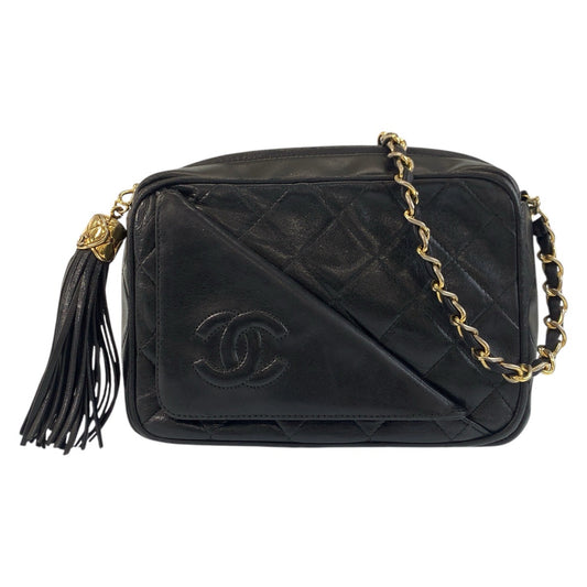 14057
CHANEL シャネル ヴィンテージ マトラッセ ココマーク フリンジ ブラック 黒 ゴールド金具 ラムスキン チェーンショルダーバッグ カメラバッグ  レディース AB140