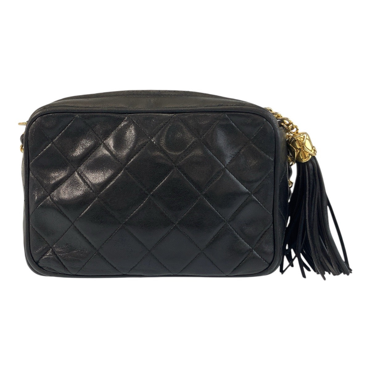 14057
CHANEL シャネル ヴィンテージ マトラッセ ココマーク フリンジ ブラック 黒 ゴールド金具 ラムスキン チェーンショルダーバッグ カメラバッグ  レディース AB140
