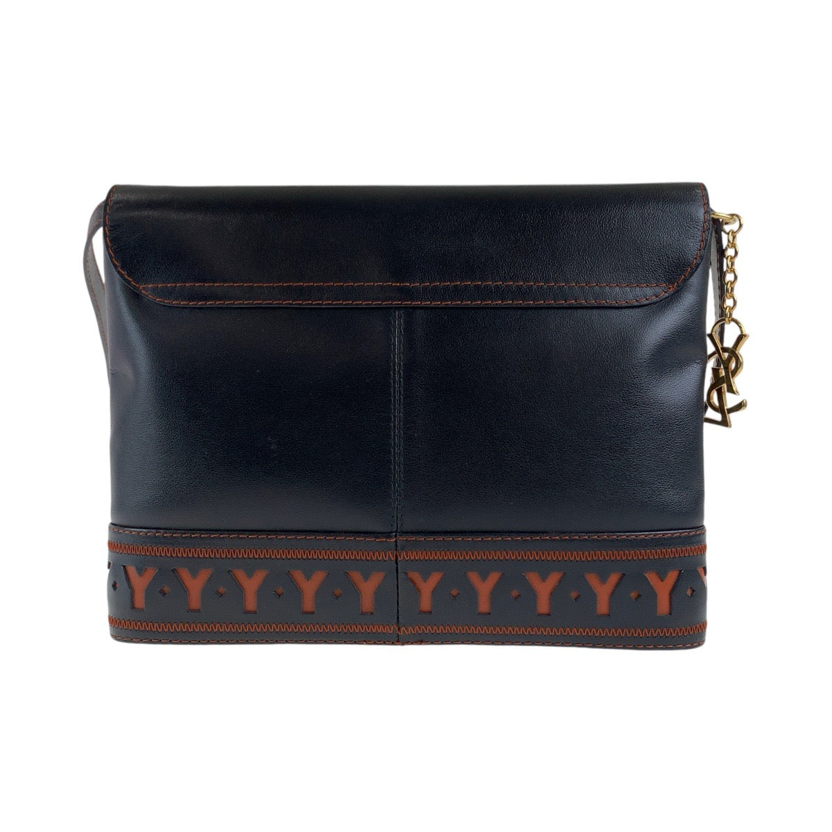 13231
YVES SAINT LAURENT イヴ サンローラン ヴィンテージ YSL Yカットアウト ブラック 黒 オレンジ ゴールド金具 レザー 斜め掛け ショルダーバッグ メッセンジャーバッグ  レディース AB33