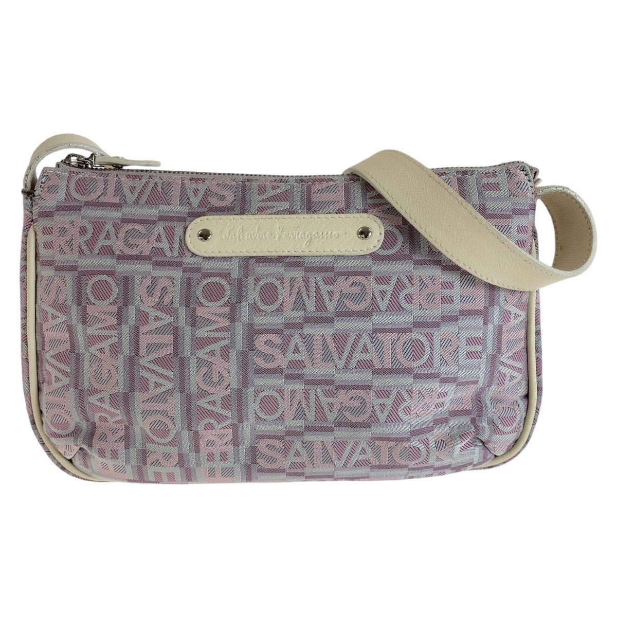 13237
Salvatore Ferragamo サルヴァトーレフェラガモ パープル ピンク ホワイト シルバー金具 キャンバス / レザー 斜め掛け ショルダーバッグ ポシェット  レディース