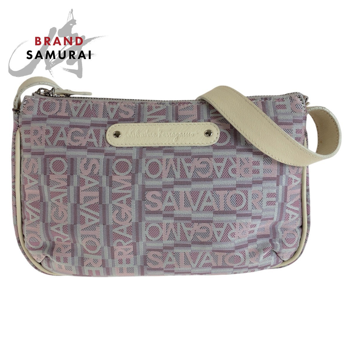 18032
Salvatore Ferragamo サルヴァトーレフェラガモ パープル ピンク ホワイト シルバー金具 キャンバス / レザー 斜め掛け ショルダーバッグ ポシェット  レディース AB17