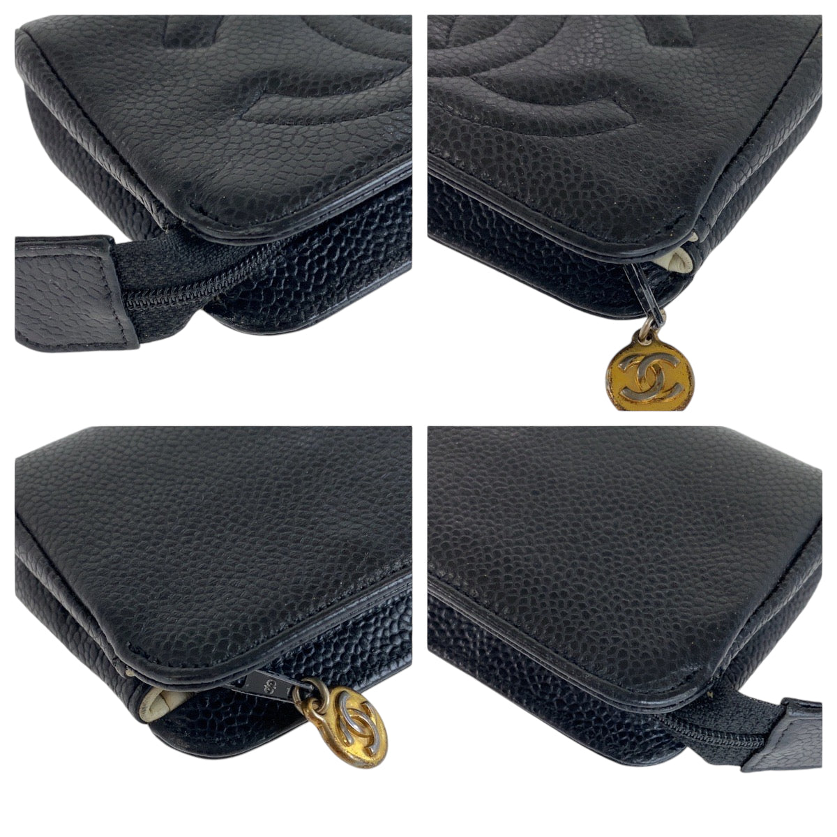 13240
CHANEL シャネル ヴィンテージ ココマーク ブラック 黒 ゴールド金具 キャビアスキン ポーチ アクセサリーポーチ  レディース