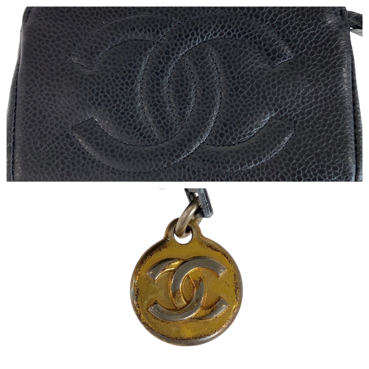 13240
CHANEL シャネル ヴィンテージ ココマーク ブラック 黒 ゴールド金具 キャビアスキン ポーチ アクセサリーポーチ  レディース