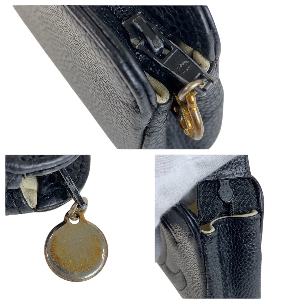 13240
CHANEL シャネル ヴィンテージ ココマーク ブラック 黒 ゴールド金具 キャビアスキン ポーチ アクセサリーポーチ  レディース