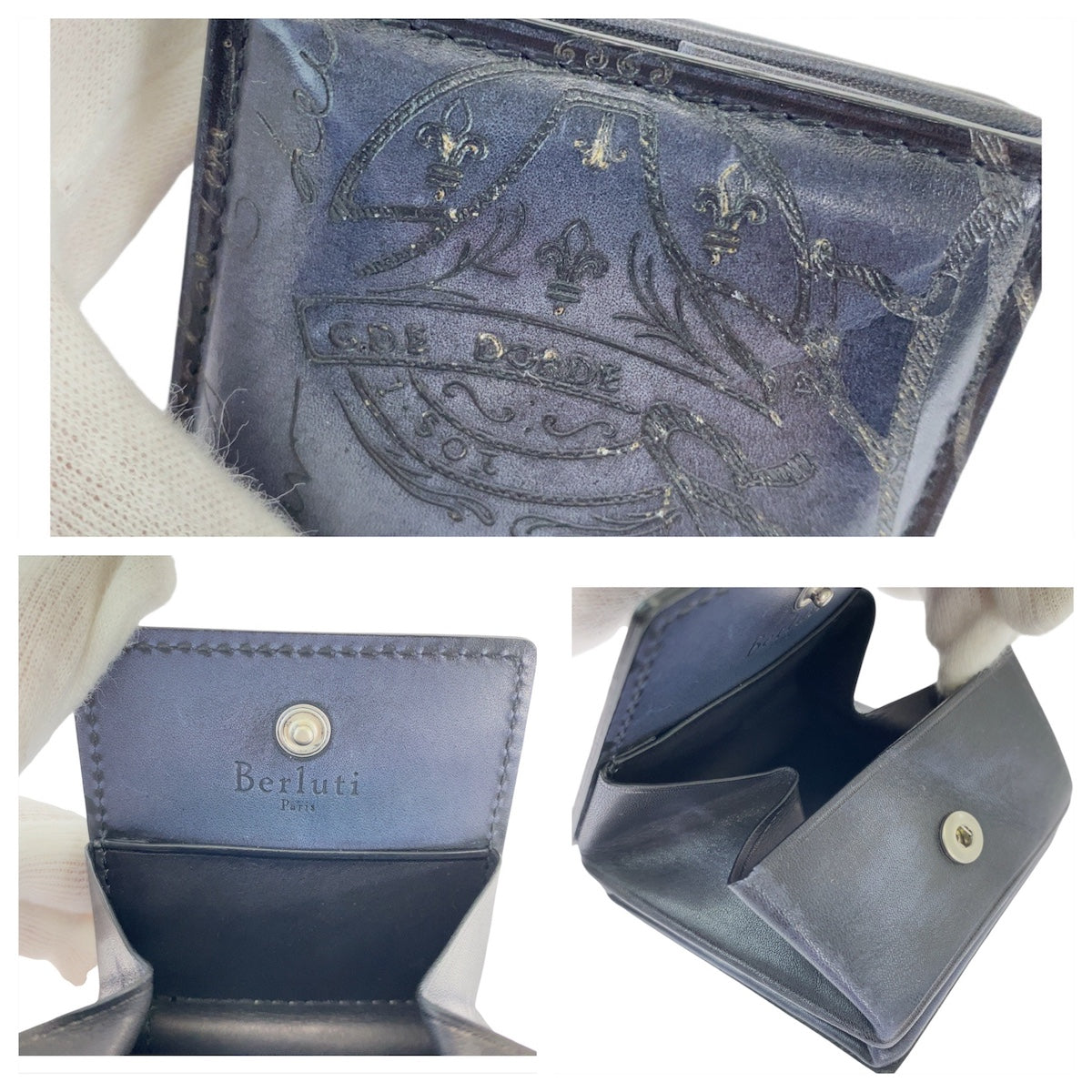 13243
Berluti ベルルッティ カリグラフィー スクリット カヤ ネイビー シルバー金具 レザー コインケース 小銭入れ  メンズ