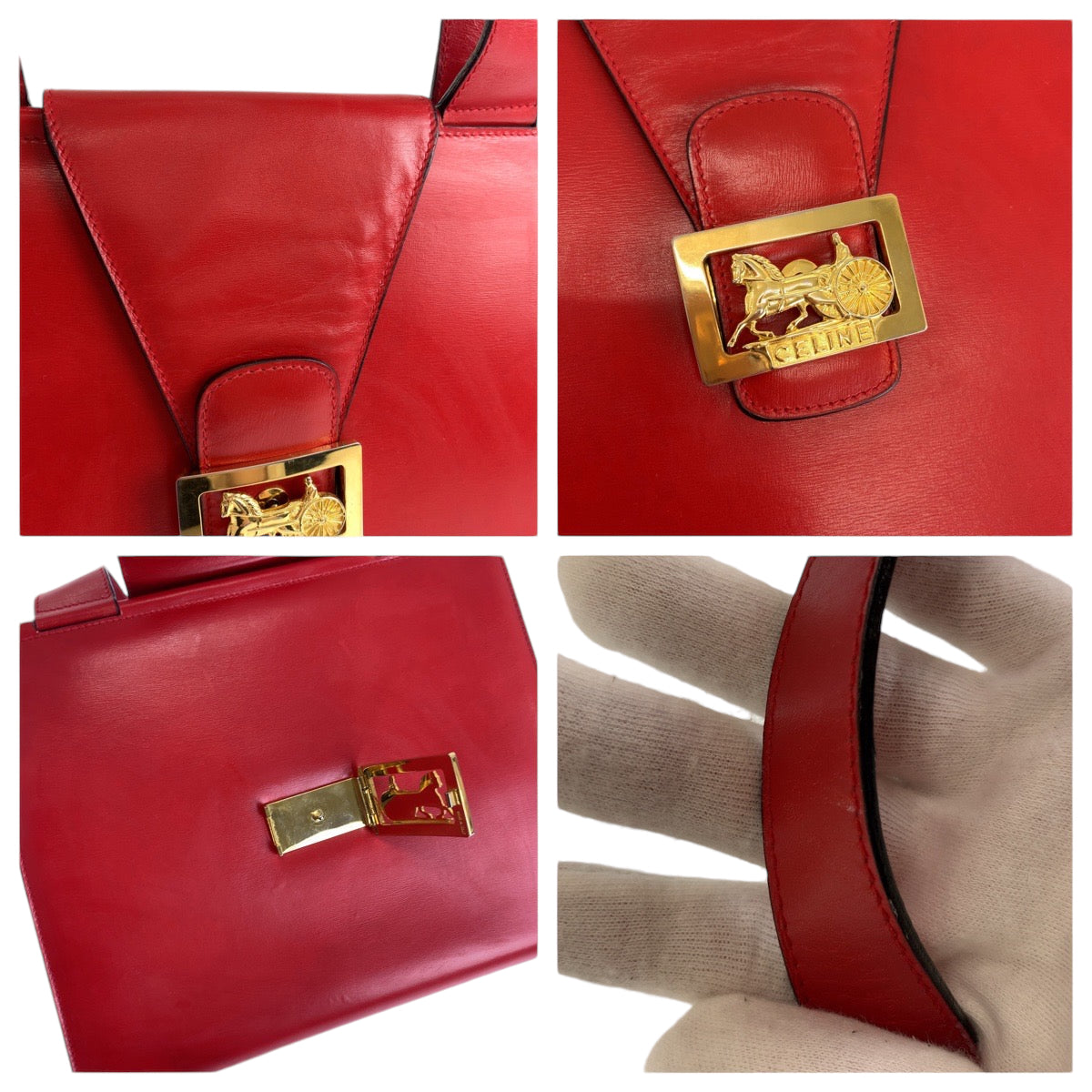13246
CELINE セリーヌ ヴィンテージ ホースキャリッジ 馬車 レッド ゴールド金具 レザー ハンドバッグ  レディース