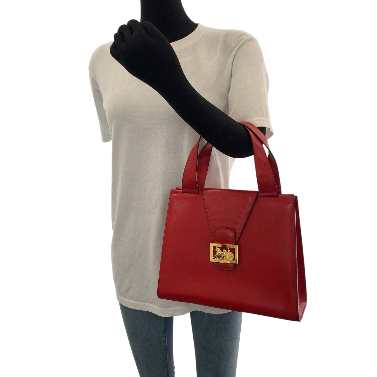 13246
CELINE セリーヌ ヴィンテージ ホースキャリッジ 馬車 レッド ゴールド金具 レザー ハンドバッグ  レディース