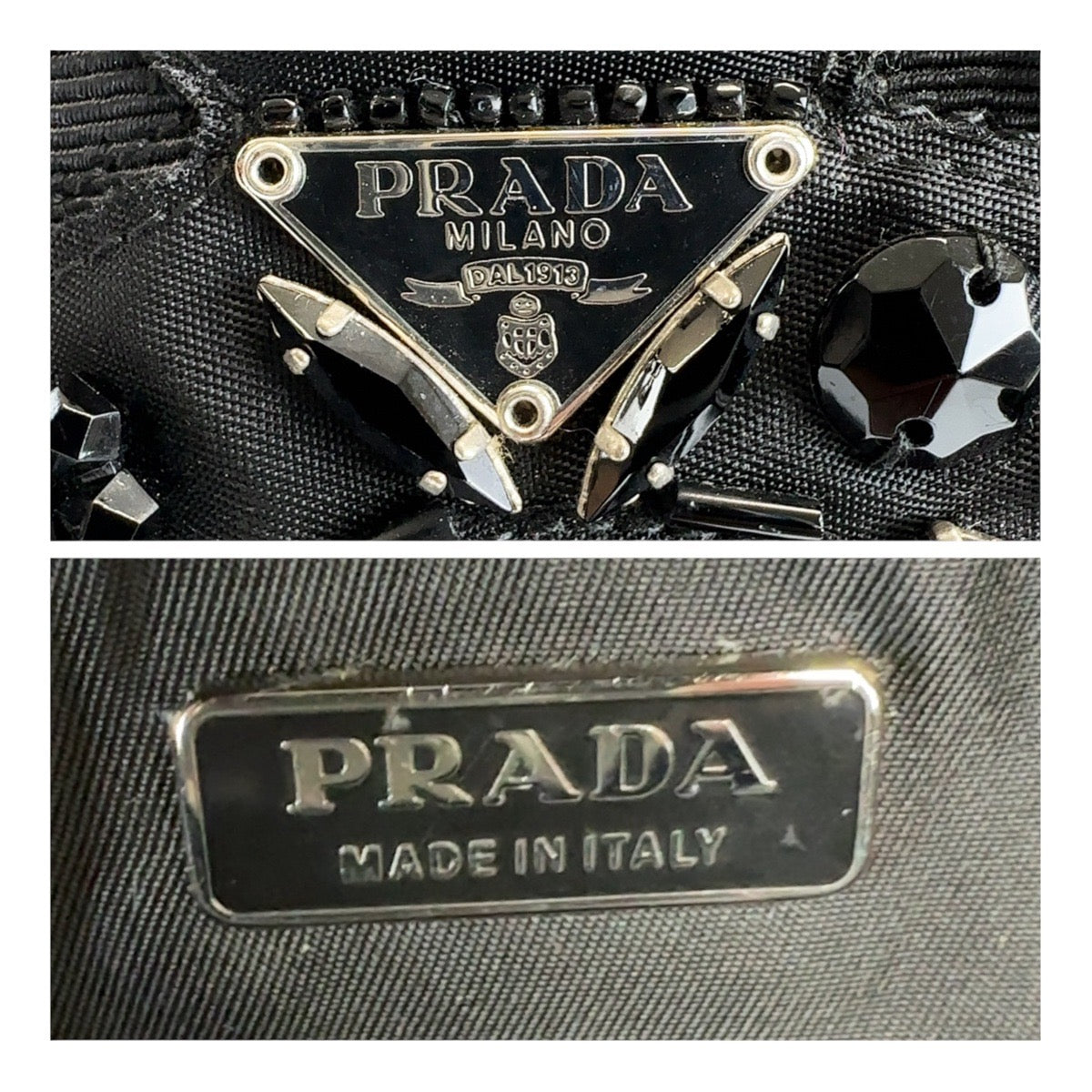 13248
PRADA プラダ テスート 三角ロゴプレート イブニング ベア ブラック 黒 シルバー金具 ナイロン ハンドバッグ ビジュー  レディース