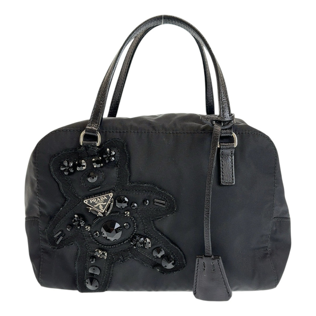 13248
PRADA プラダ テスート 三角ロゴプレート イブニング ベア ブラック 黒 シルバー金具 ナイロン ハンドバッグ ビジュー  レディース