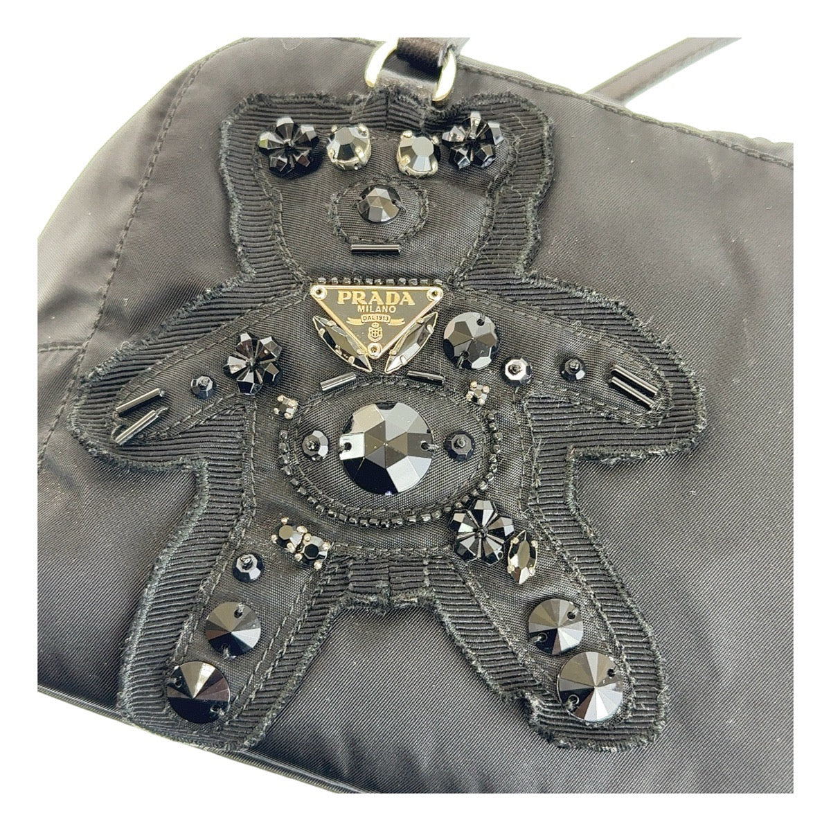 13248
PRADA プラダ テスート 三角ロゴプレート イブニング ベア ブラック 黒 シルバー金具 ナイロン ハンドバッグ ビジュー  レディース