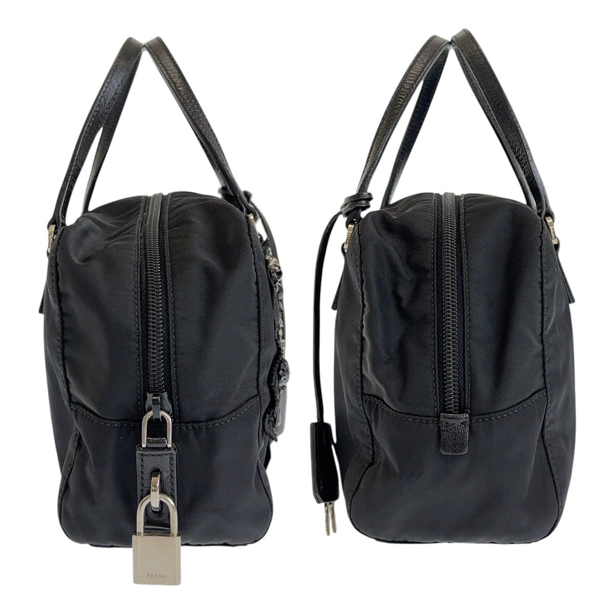 13248
PRADA プラダ テスート 三角ロゴプレート イブニング ベア ブラック 黒 シルバー金具 ナイロン ハンドバッグ ビジュー  レディース