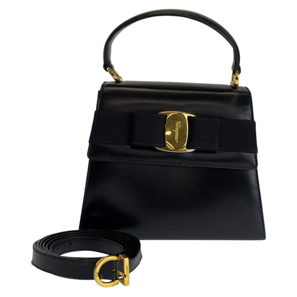 13250
Salvatore Ferragamo サルヴァトーレフェラガモ ヴィンテージ ヴァラリボン ネイビー ゴールド金具 レザー ハンドバッグ ショルダーバッグ 2way  レディース