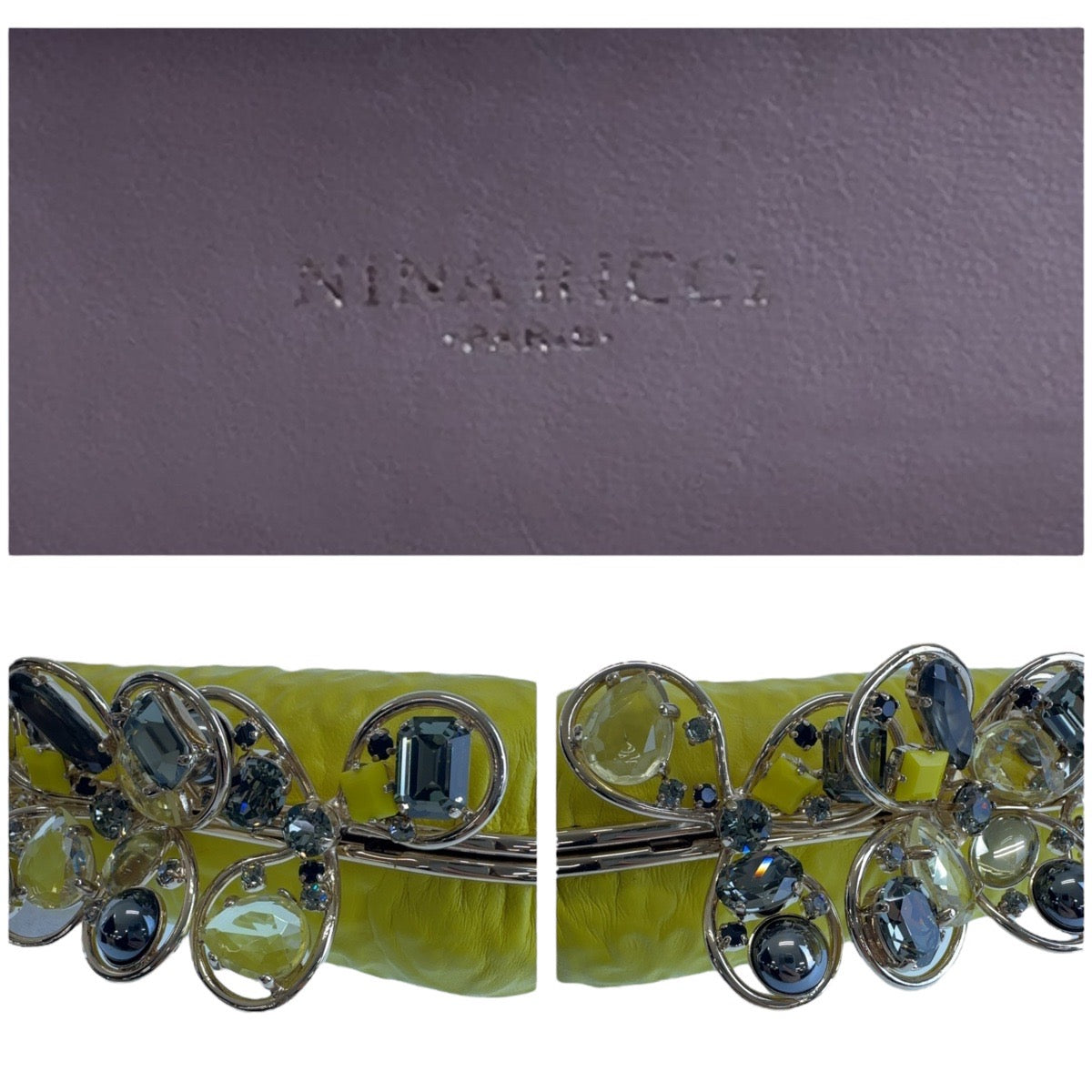 13255
NINA RICCI ニナリッチ イエロー ゴールド金具 レザー 斜め掛け ショルダーバッグ クラッチバッグ バニティバッグ  レディース