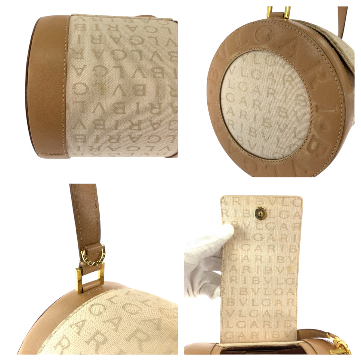 13267
BVLGARI ブルガリ ロゴマニア B-ゼロ1 ベージュ ブラウン ゴールド金具 キャンバス ショルダーバッグ バニテクバッグ アクセサリーポーチ  レディース