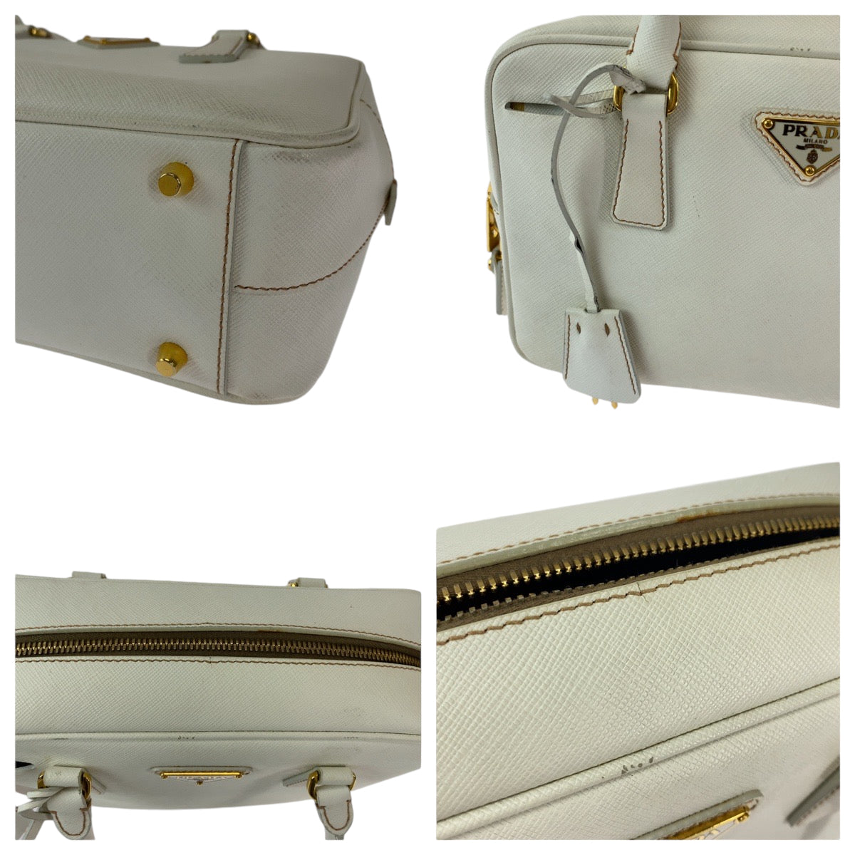 PRADA Saffiano Triangle Logo Plate Ivory Gold Hardware Leather BN1113 Handbag for Women