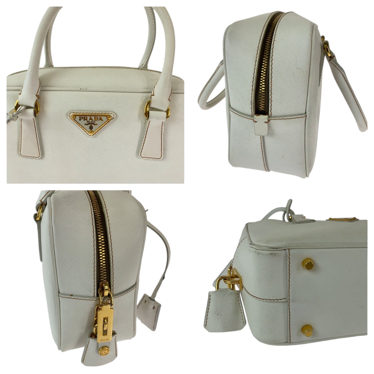 PRADA Saffiano Triangle Logo Plate Ivory Gold Hardware Leather BN1113 Handbag for Women