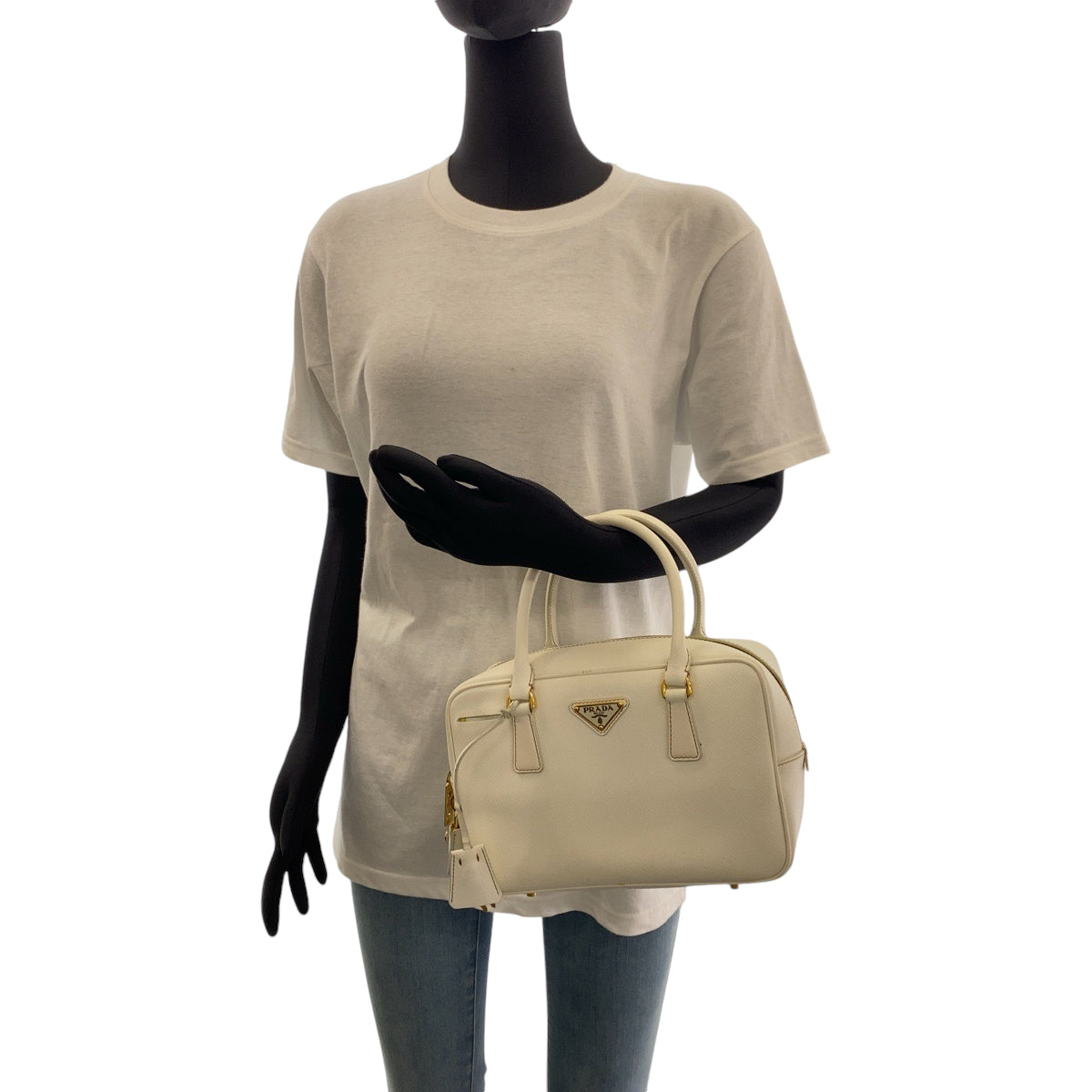 PRADA Saffiano Triangle Logo Plate Ivory Gold Hardware Leather BN1113 Handbag for Women