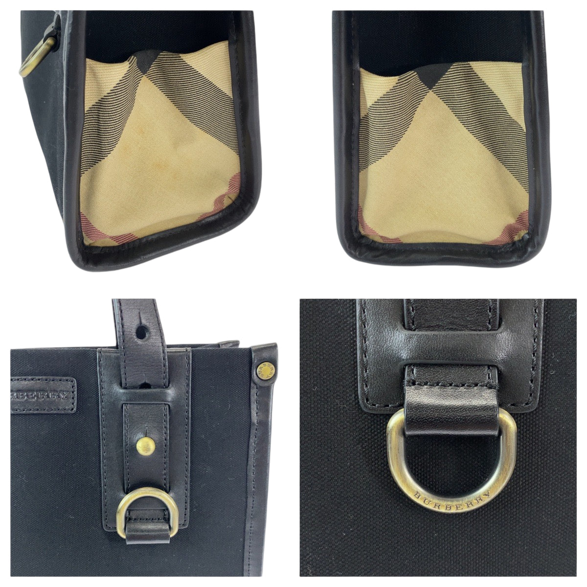 13281
BURBERRY バーバリー チェック柄 ブラック ベージュ シルバー金具 キャンバス ハンドバッグ トートバッグ  レディース