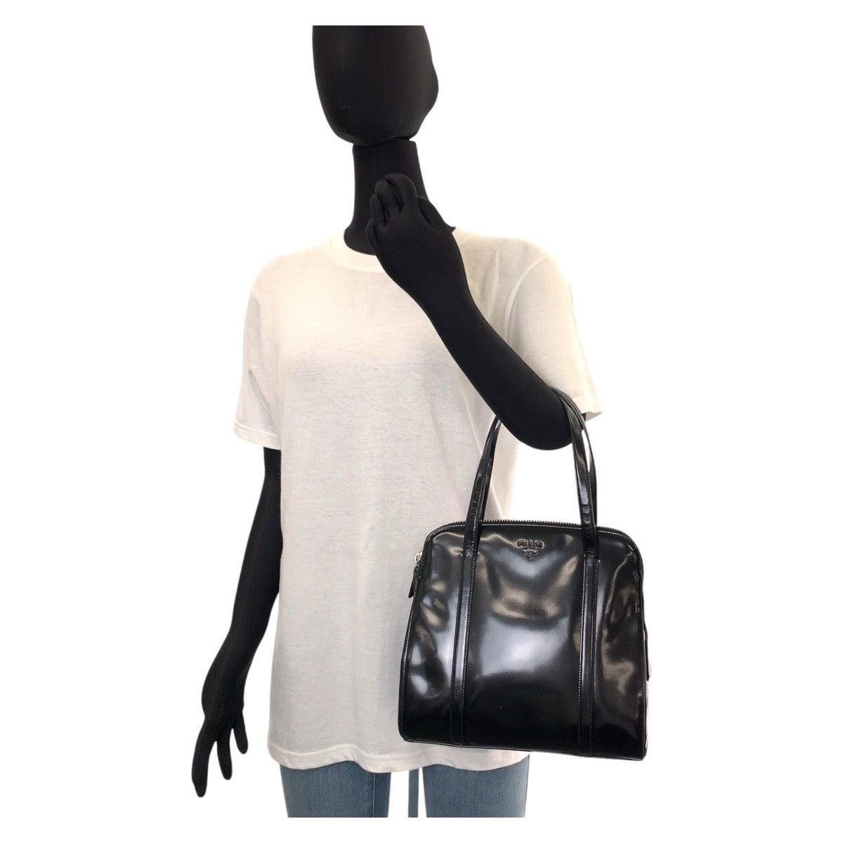 PRADA Prada Black Silver Hardware Patent Leather Handbag Tote Bag Women's