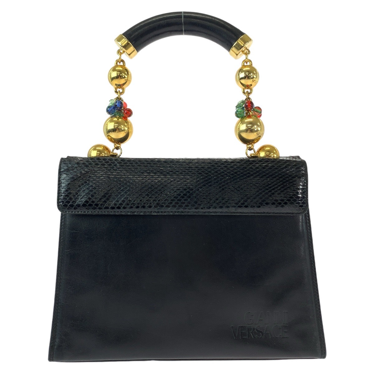 13288
Gianni Versace ジャンニ ヴェルサーチ ヴィンテージ ビジュー ボールチェーン ブラック 黒 ゴールド金具 レザー / リザード ハンドバッグ  レディース