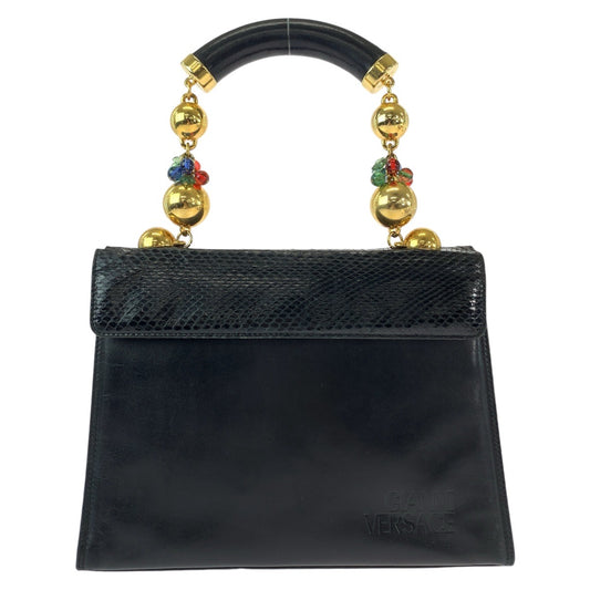 13288
Gianni Versace ジャンニ ヴェルサーチ ヴィンテージ ビジュー ボールチェーン ブラック 黒 ゴールド金具 レザー / リザード ハンドバッグ  レディース