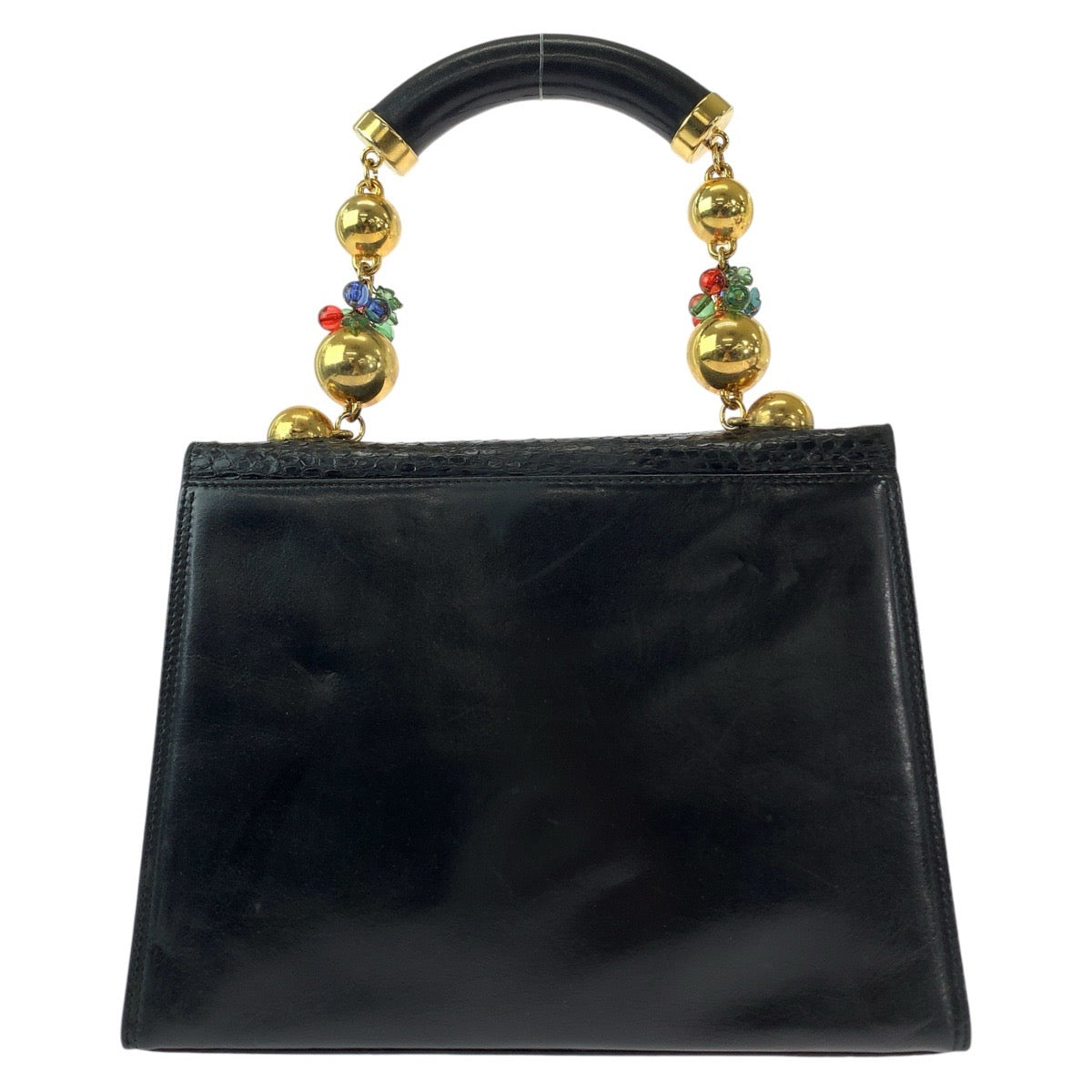 13288
Gianni Versace ジャンニ ヴェルサーチ ヴィンテージ ビジュー ボールチェーン ブラック 黒 ゴールド金具 レザー / リザード ハンドバッグ  レディース