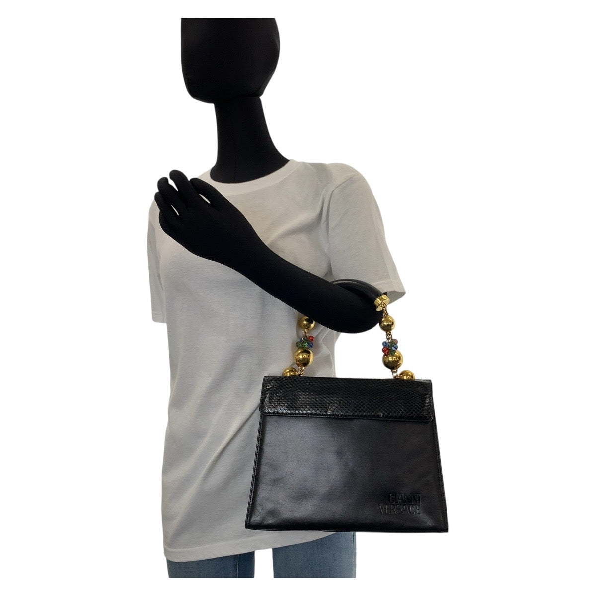 13288
Gianni Versace ジャンニ ヴェルサーチ ヴィンテージ ビジュー ボールチェーン ブラック 黒 ゴールド金具 レザー / リザード ハンドバッグ  レディース