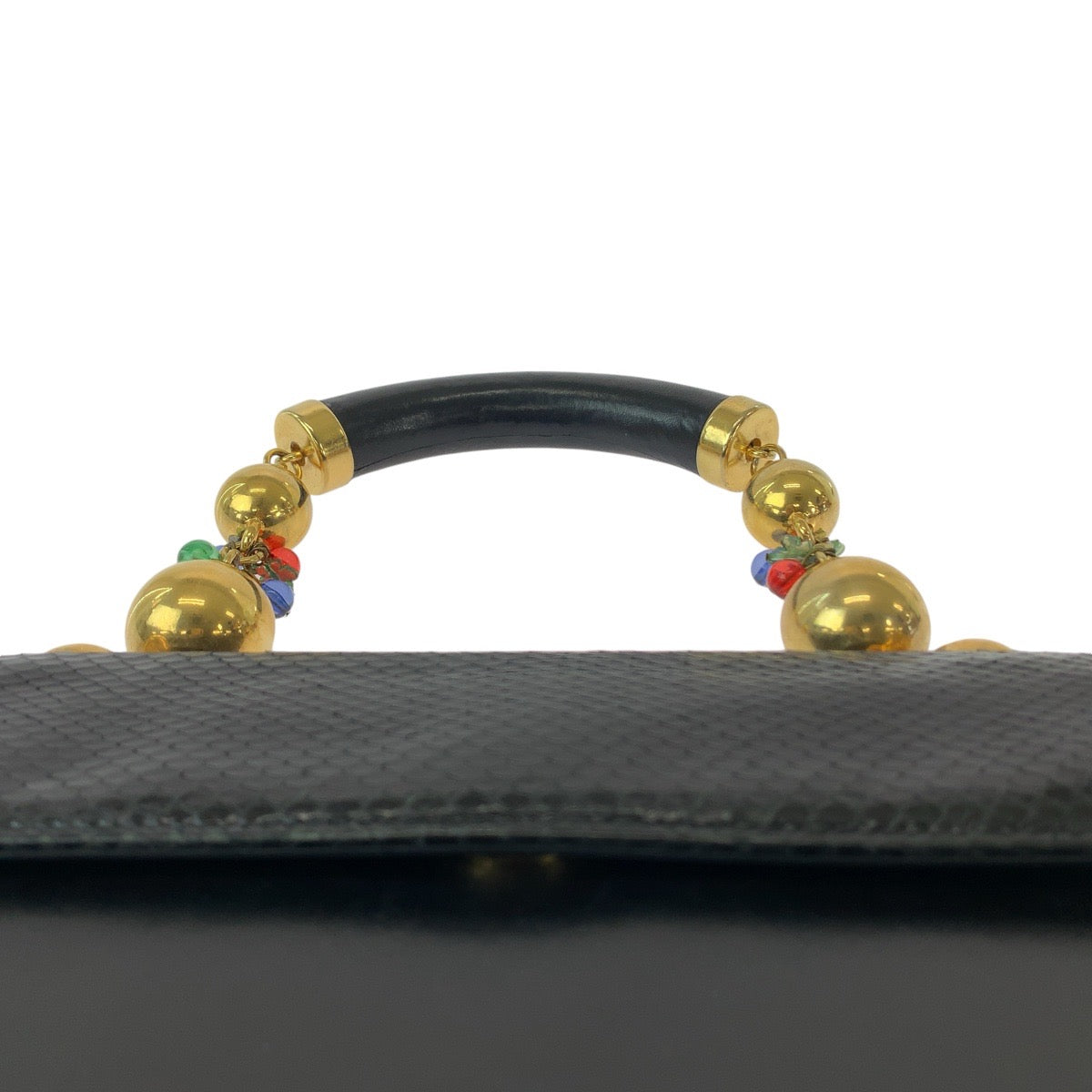 13288
Gianni Versace ジャンニ ヴェルサーチ ヴィンテージ ビジュー ボールチェーン ブラック 黒 ゴールド金具 レザー / リザード ハンドバッグ  レディース