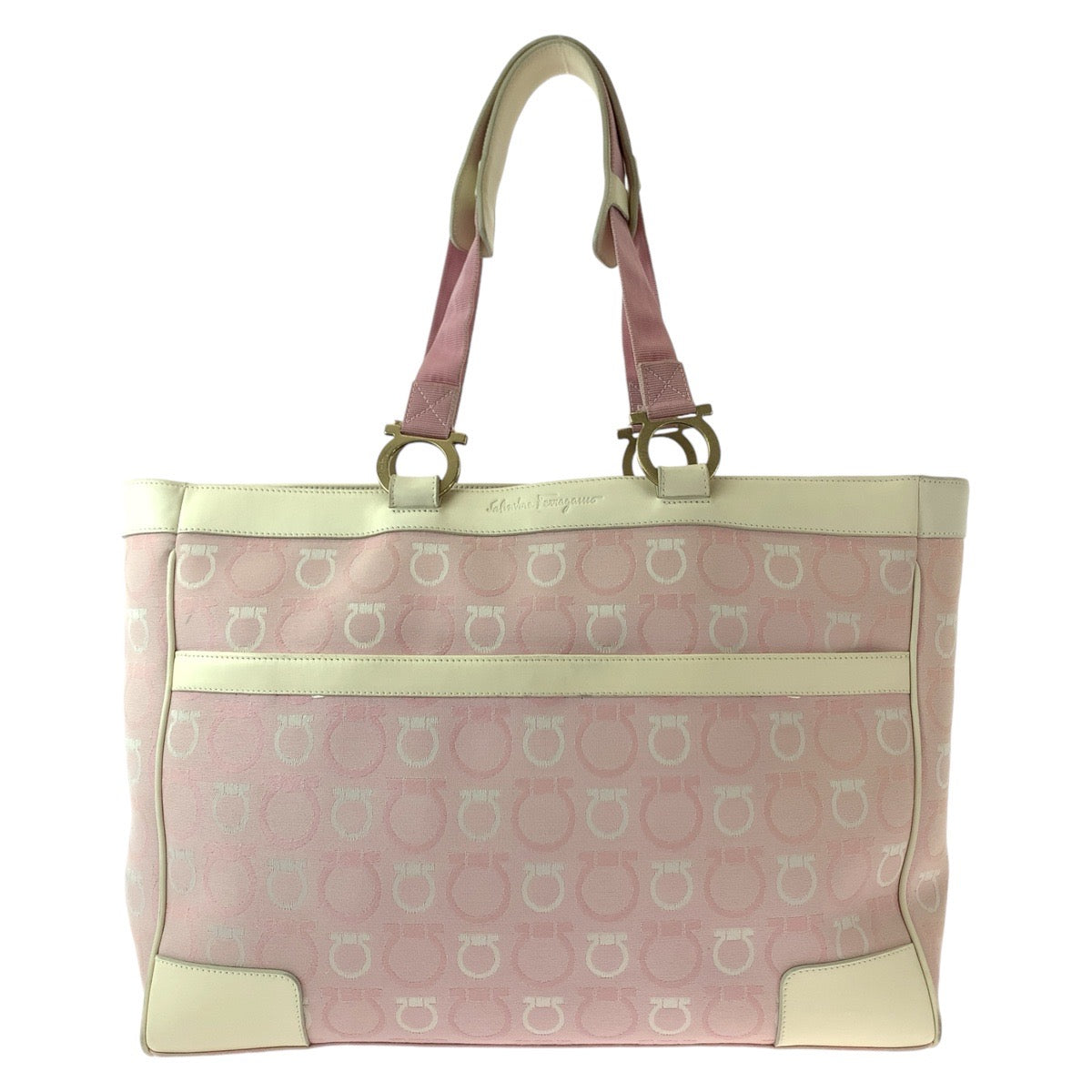 13290
Salvatore Ferragamo サルヴァトーレフェラガモ ガンチーニ ピンク ホワイト ゴールド金具 キャンバス / レザー トートバッグ ショルダーバッグ  レディース