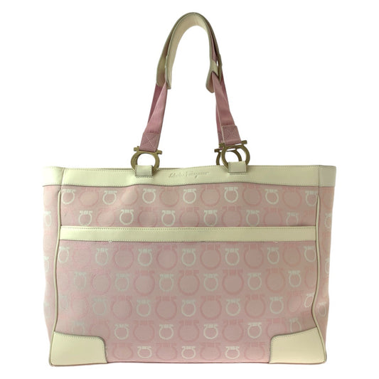 13290
Salvatore Ferragamo サルヴァトーレフェラガモ ガンチーニ ピンク ホワイト ゴールド金具 キャンバス / レザー トートバッグ ショルダーバッグ  レディース