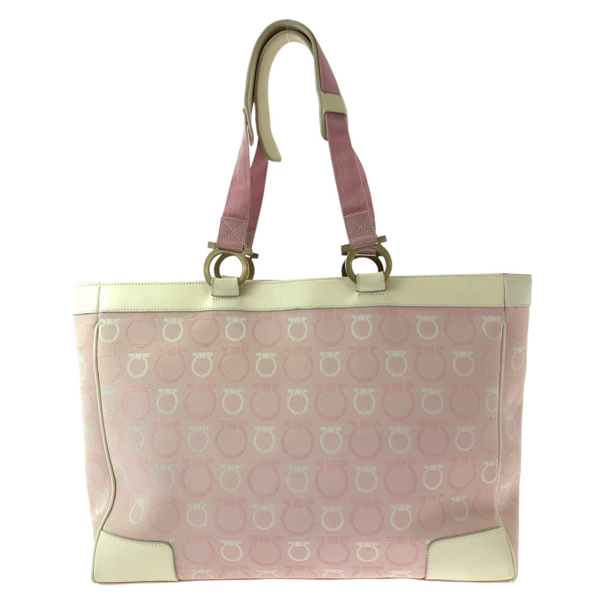 13290
Salvatore Ferragamo サルヴァトーレフェラガモ ガンチーニ ピンク ホワイト ゴールド金具 キャンバス / レザー トートバッグ ショルダーバッグ  レディース