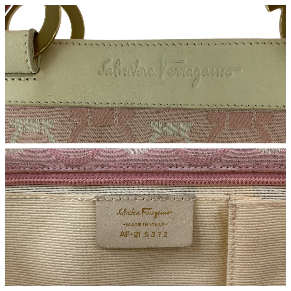 13290
Salvatore Ferragamo サルヴァトーレフェラガモ ガンチーニ ピンク ホワイト ゴールド金具 キャンバス / レザー トートバッグ ショルダーバッグ  レディース