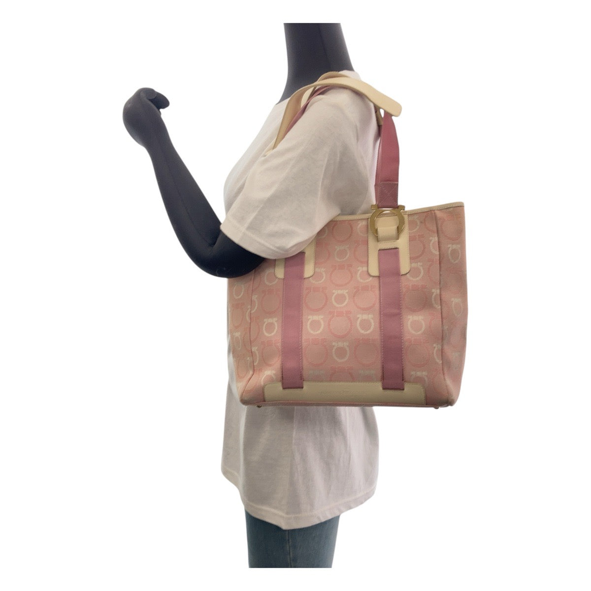 13291
Salvatore Ferragamo サルヴァトーレフェラガモ ピンク アイボリー ゴールド金具 キャンバス / レザー トートバッグ ショルダーバッグ  レディース