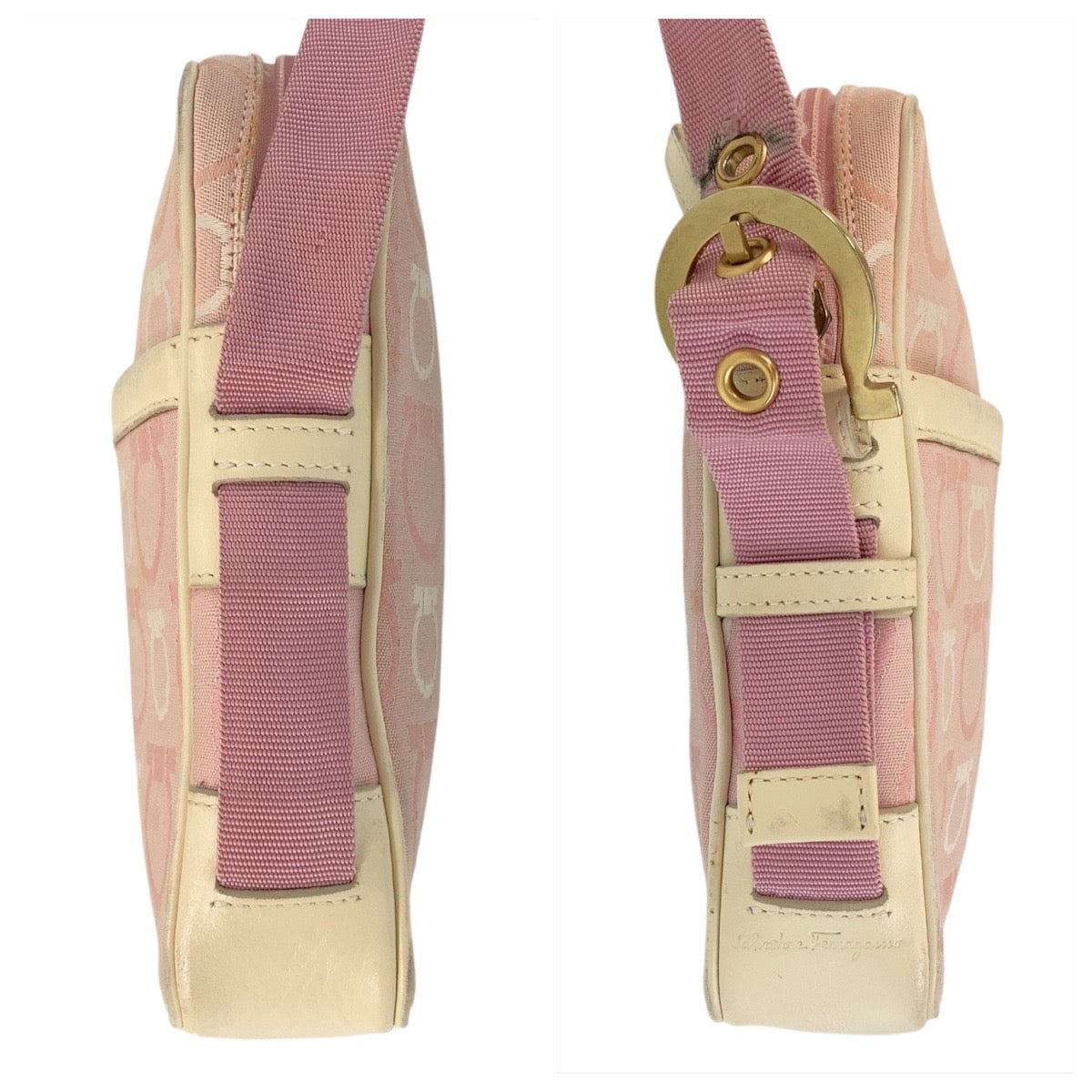 13292
Salvatore Ferragamo サルヴァトーレフェラガモ ガンチーニ ピンク ゴールド金具 キャンバス / レザー 斜め掛け ショルダーバッグ ポシェット  レディース B5