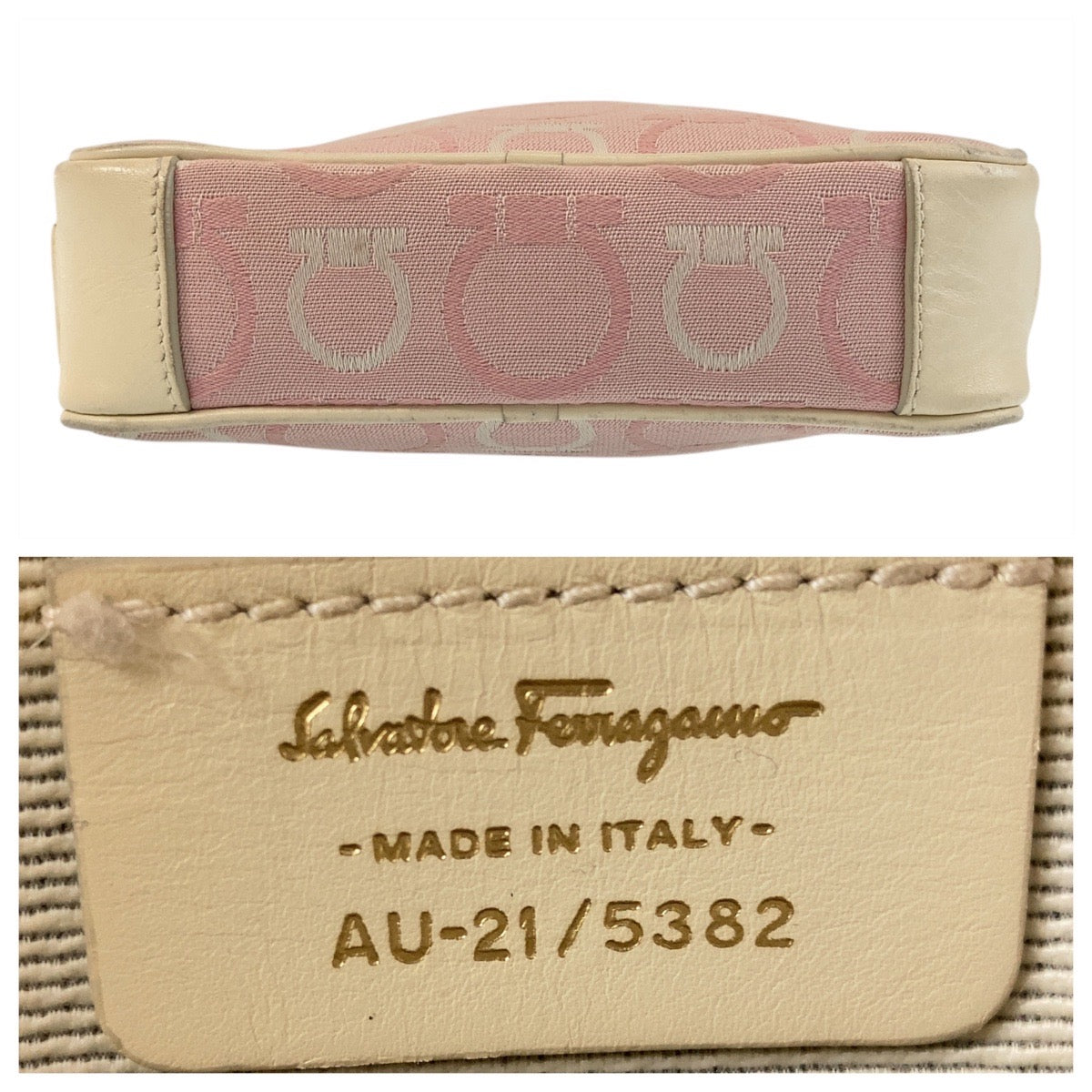 13292
Salvatore Ferragamo サルヴァトーレフェラガモ ガンチーニ ピンク ゴールド金具 キャンバス / レザー 斜め掛け ショルダーバッグ ポシェット  レディース B5