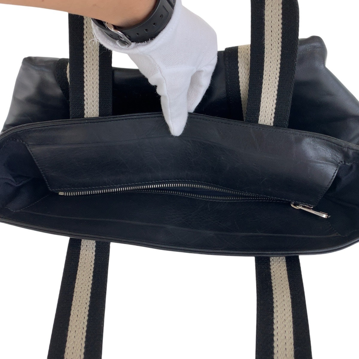 BALLY バリー ストライプ ブラック 黒 ホワイト シルバー金具 レザー トートバッグ ハンドバッグ  レディース