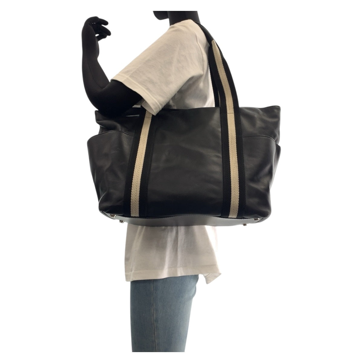 BALLY バリー ストライプ ブラック 黒 ホワイト シルバー金具 レザー トートバッグ ハンドバッグ  レディース