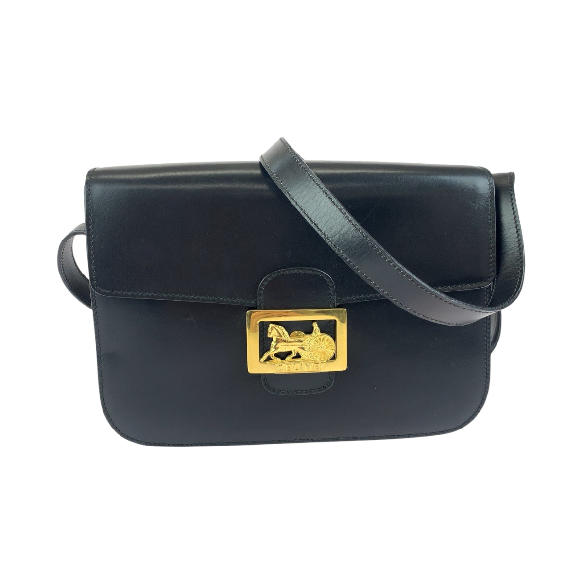 13294
CELINE セリーヌ ヴィンテージ ホースキャリッジ 馬車 ブラック 黒 ゴールド金具 レザー ショルダーバッグ 斜め掛け  レディース