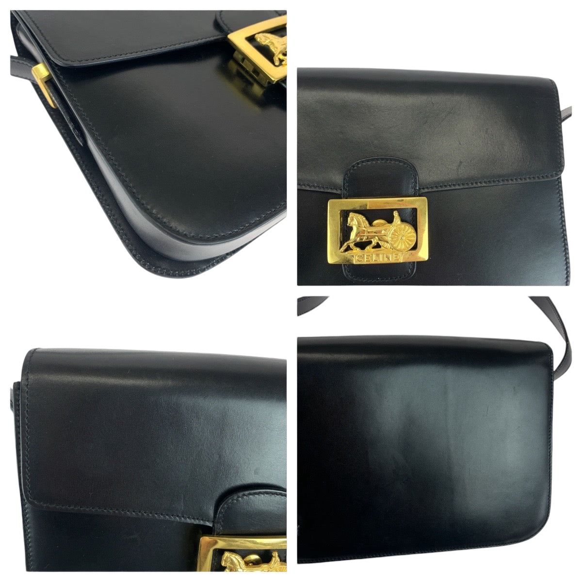 13294
CELINE セリーヌ ヴィンテージ ホースキャリッジ 馬車 ブラック 黒 ゴールド金具 レザー ショルダーバッグ 斜め掛け  レディース