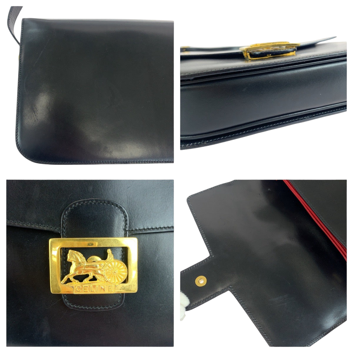 13294
CELINE セリーヌ ヴィンテージ ホースキャリッジ 馬車 ブラック 黒 ゴールド金具 レザー ショルダーバッグ 斜め掛け  レディース
